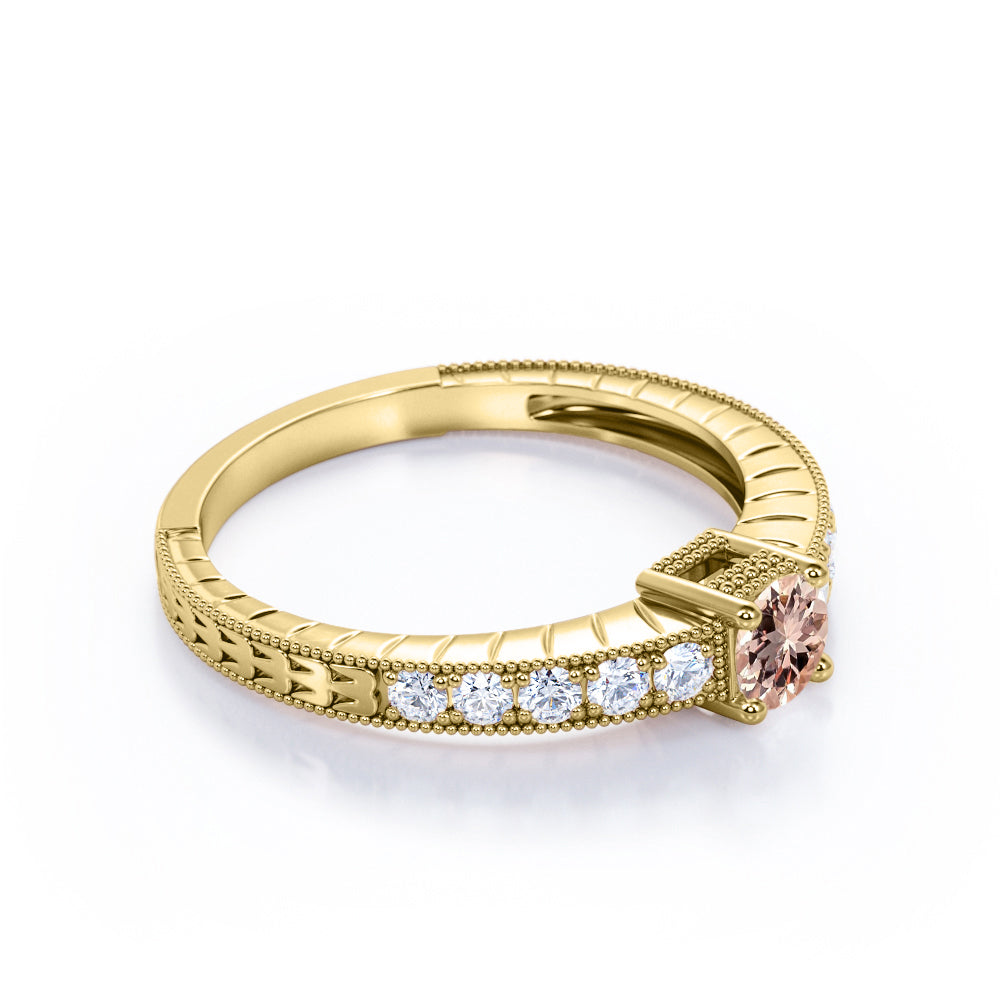 Art deco Milgrain 0.75 carat Round cut Peach Morganite and diamond basket set engagement ring in Rose gold-Anniversary rings