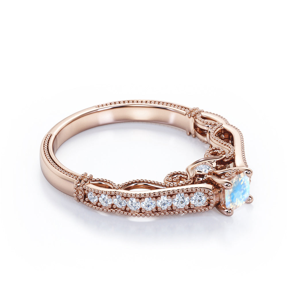 Authentic Filigree and Milgrain 0.75 carat Round cut Rainbow Moonstone and diamond art deco engagement ring in Yellow gold