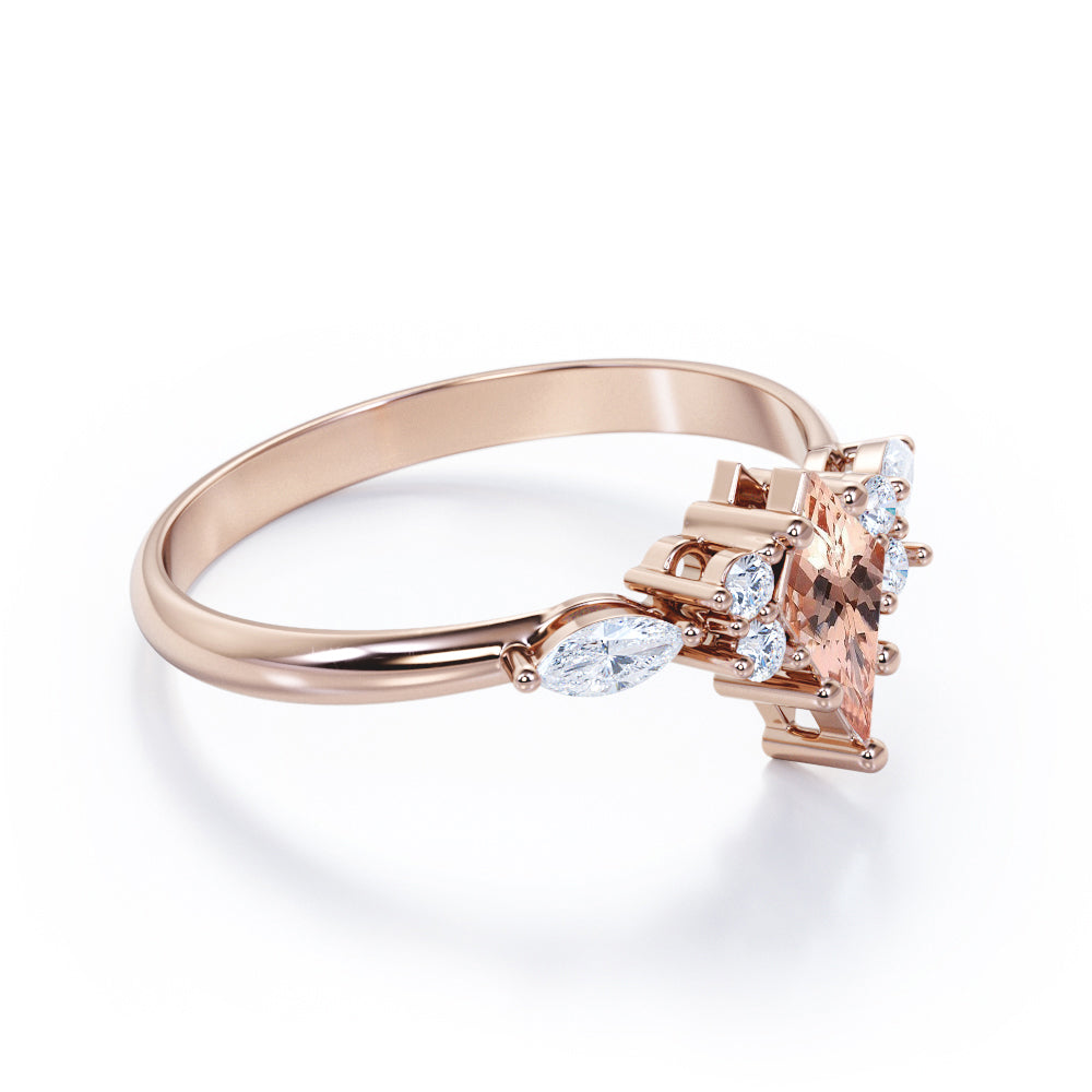 Trendy 1.25 carat Kite shaped Morganite and diamond button prong setting-seven stone promise ring for women in White gold