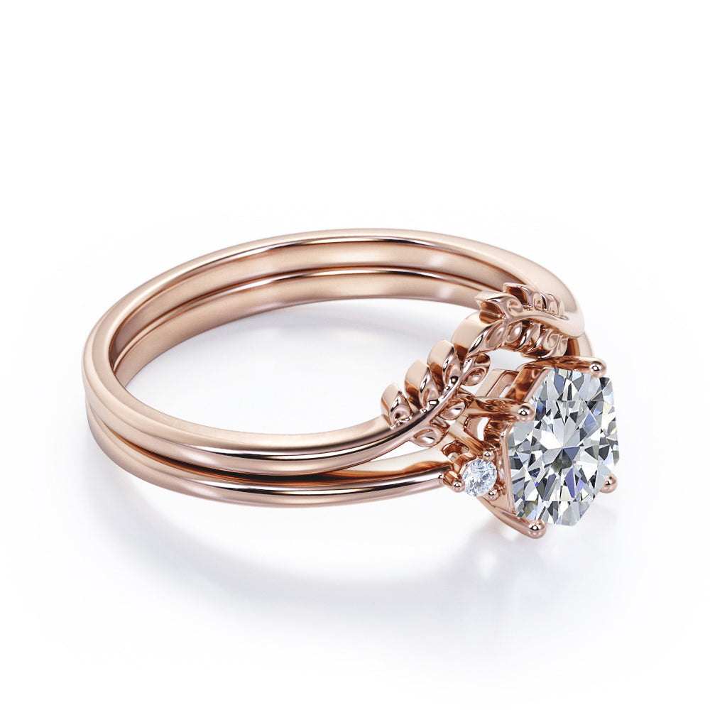 0.55 carat Vine leaf Hexagon Moissanite and diamond wedding ring set in rose gold
