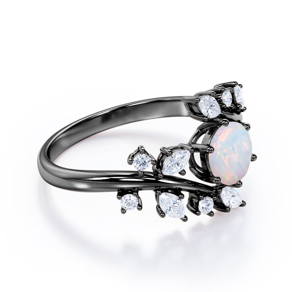 Nature style 1.25 carat Round cut Ethiopian Opal and diamond earthy engagement ring in Black gold
