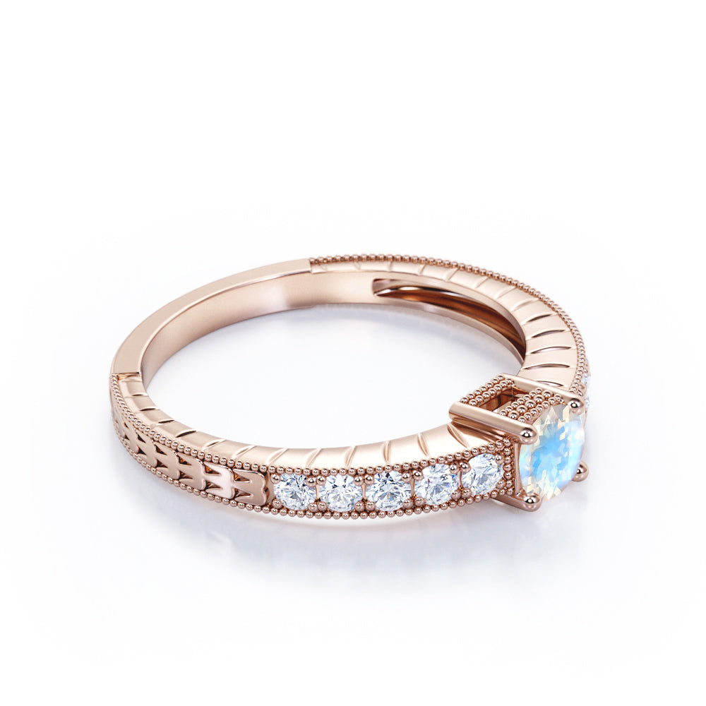Vintage Beaded 1.25 carat Round cut Blue Moonstone and pave diamond Milgrain Edge Engagement ring in White gold