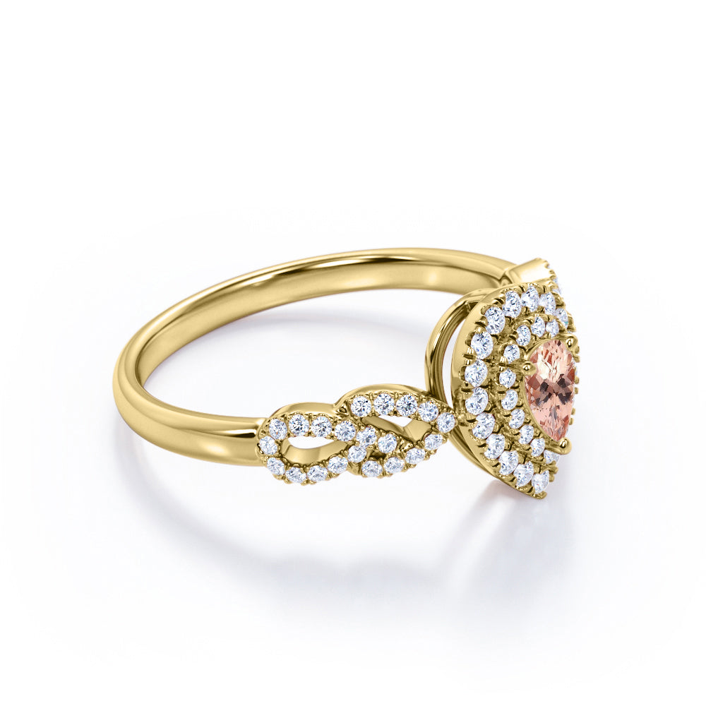 1.5 carat Pear cut Peach Morganite and diamond twisted double halo engagement ring in Rose gold