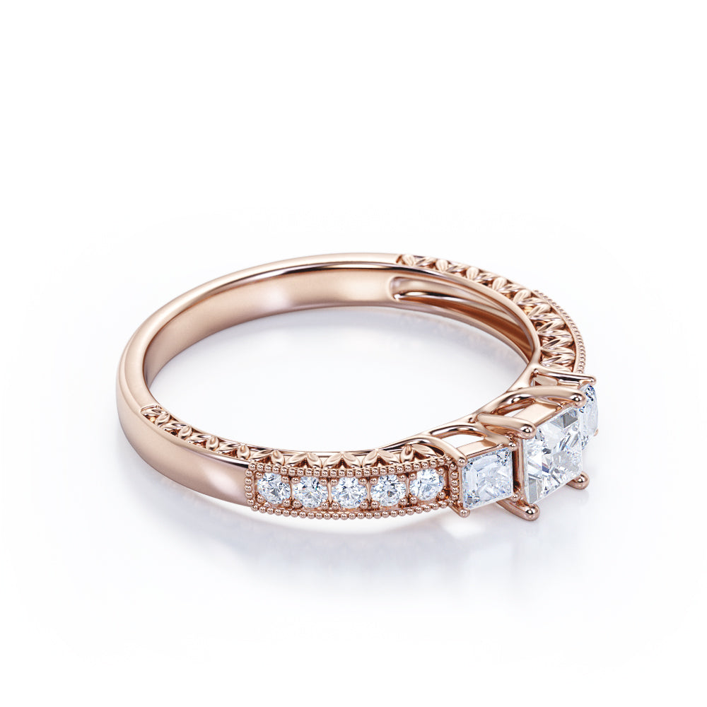 Vintage inspired trilogy 0.75 carat Princess cut Moissanite and diamond art nouveau engagement ring in White gold