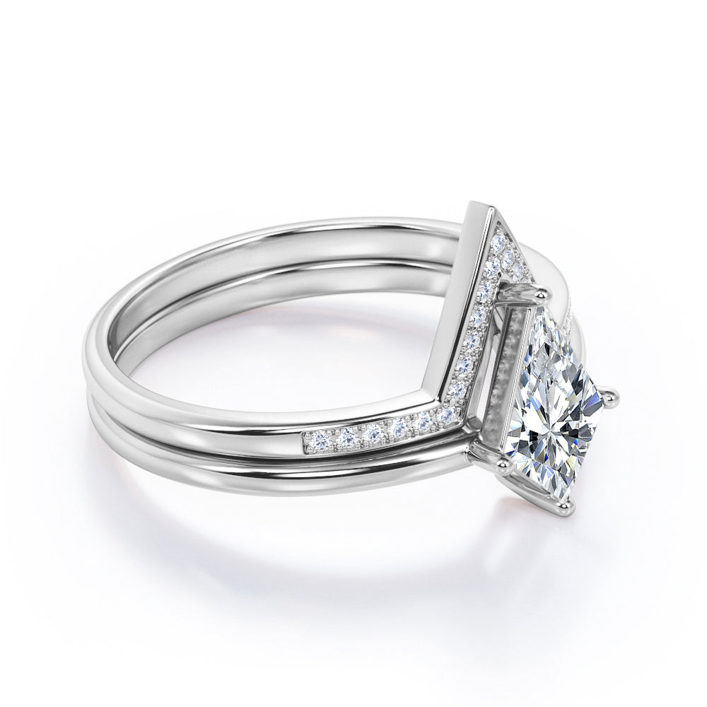 Pointed Crown 1.25 carat Kite shaped Moissanite and diamond Bridal set for women in Black gold