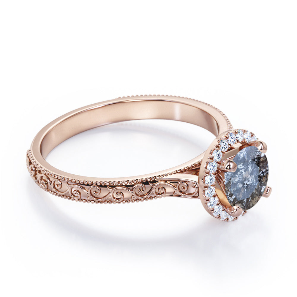 Floral filigree 0.65 carat Round cut Salt and pepper diamond and White diamond unique halo engagement ring in white gold