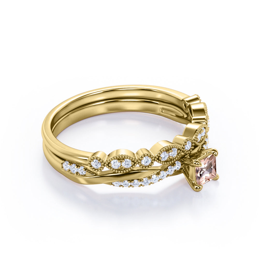 Intertwined vintage 1 carat Princess cut Morganite and diamond Milgrain and infinity wedding ring set in White gold