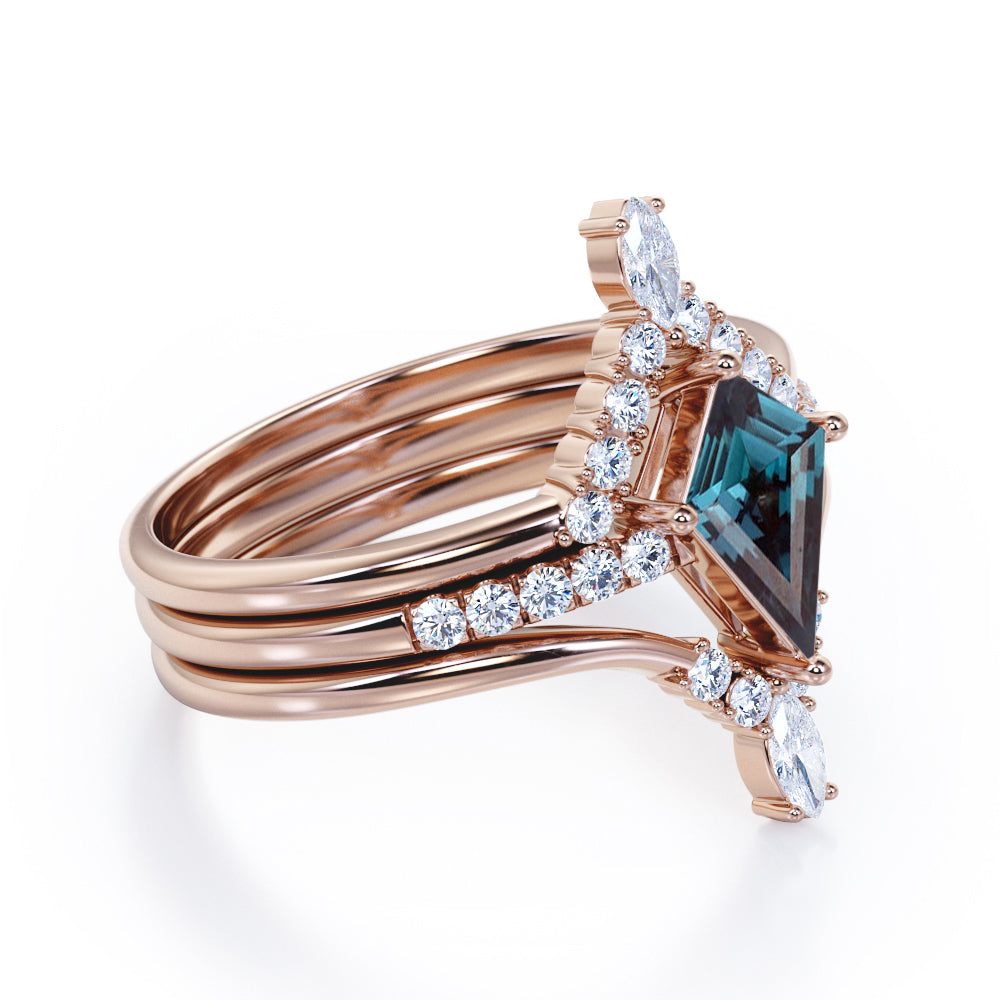 Tiara Chevron 1.35 carat Kite shaped Lab created Alexandrite and diamond trio wedding ring set in White gold
