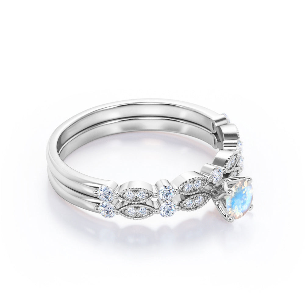 Classic Milgrain Bead style 0.85 carat Round cut Rainbow Moonstone and diamond engagement ring in Rose gold