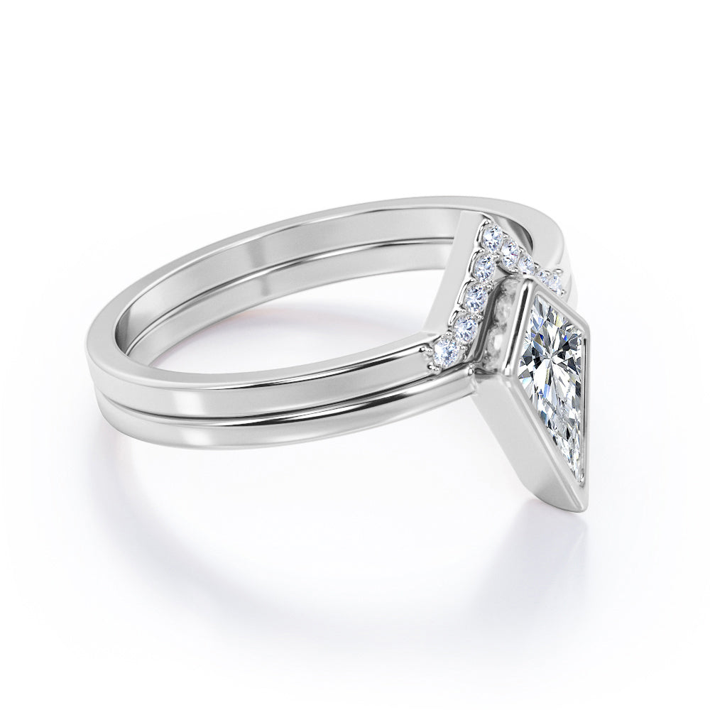 Chevron Bezel 1.1 Carat Kite shaped Moissanite and diamond bridal set for women in White gold