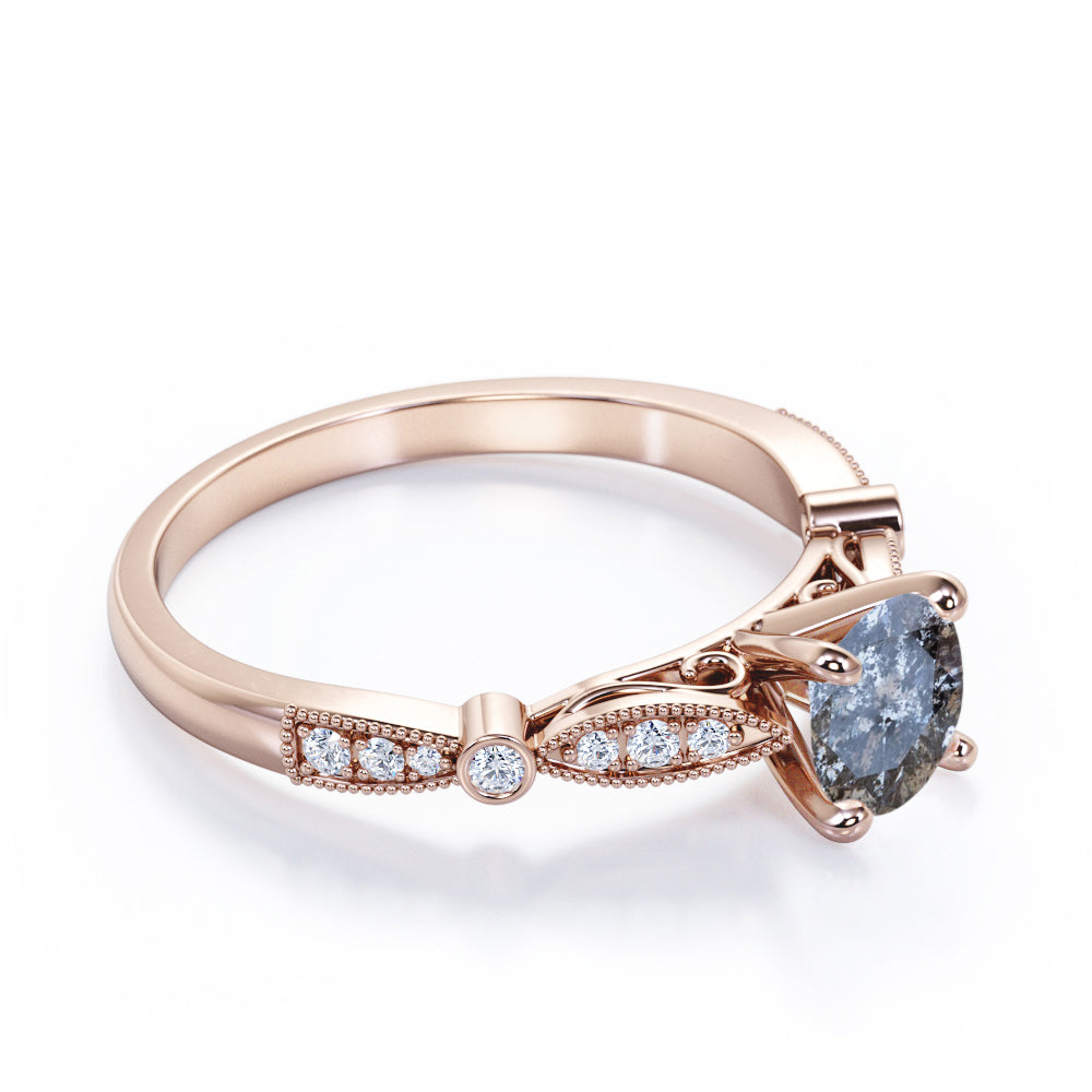 Royal Cathedral setting 0.75 carat Round cut Salt and pepper diamond and White diamond vintage engagement ring in Black gold
