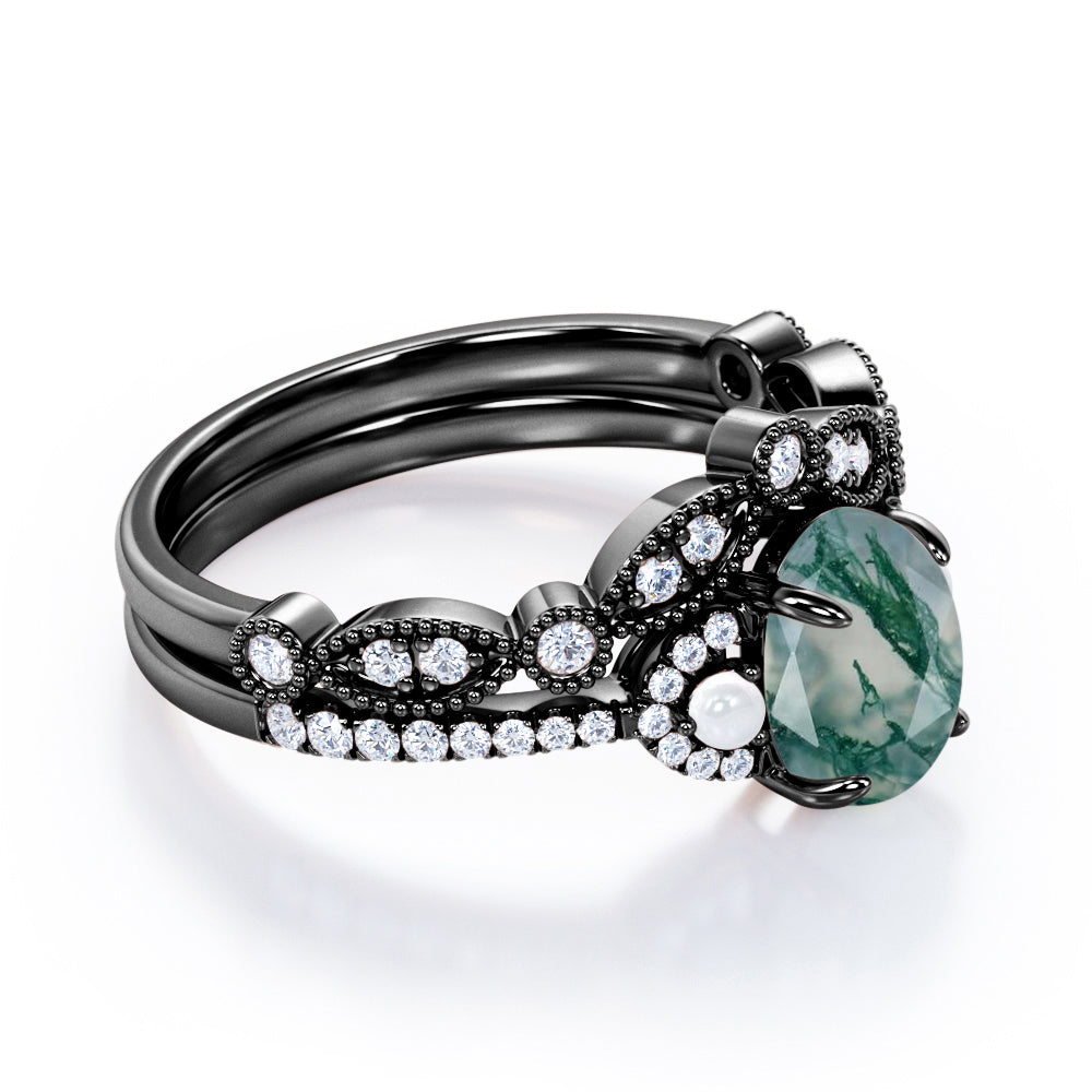 Victorian style Milgrain 1.55 carat Oval cut Moss Green Agate, diamond and pearl art nouveau Bridal set for women in Rose gold