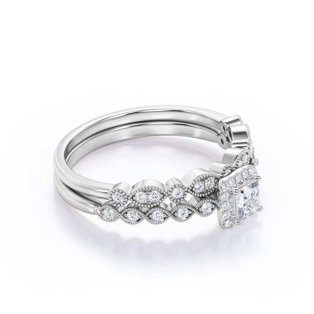 Antique twisted style 1 carat Princess cut Moissanite and diamond art deco halo wedding ring set in Rose gold