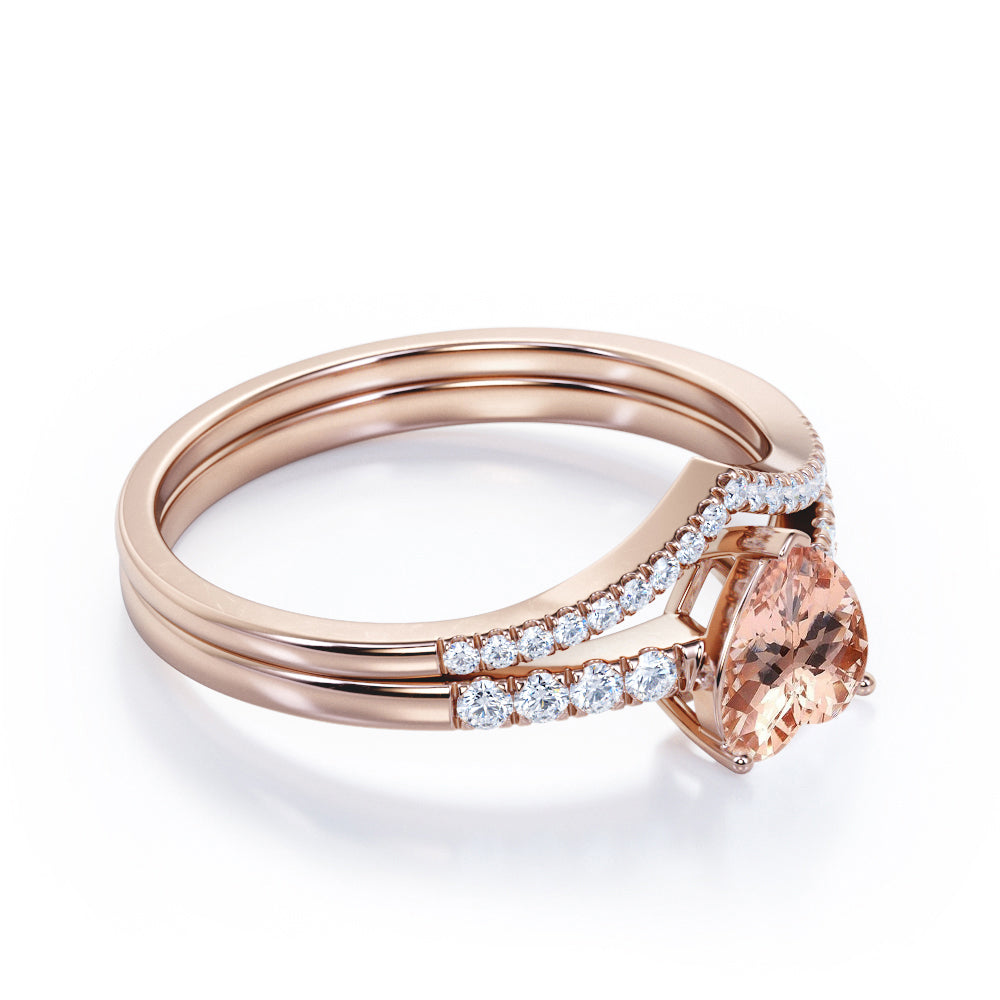Exquisite Chevron 1.45 carat Heart shaped Morganite and diamond vintage wedding ring set in Black gold