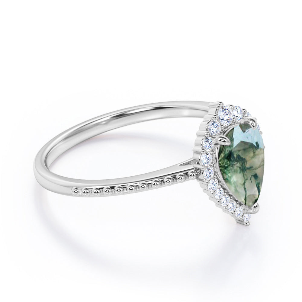 Royal inspired 1.2 carat Pear shaped Moss Green Agate and diamond Milgrain and halo engagement ring in Rose gold