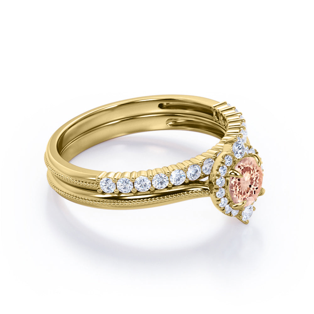 Distinctive halo 1.45 carat Round cut Pink Morganite and diamond Milgrain border engagement ring and bar set wedding band - Bridal wedding set
