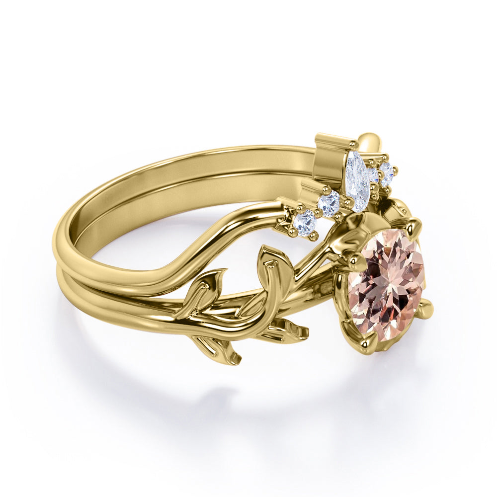 Chevron Tiara 1.1 carat Round cut Peach Morganite and diamond nature inspired wedding ring set for women in White gold