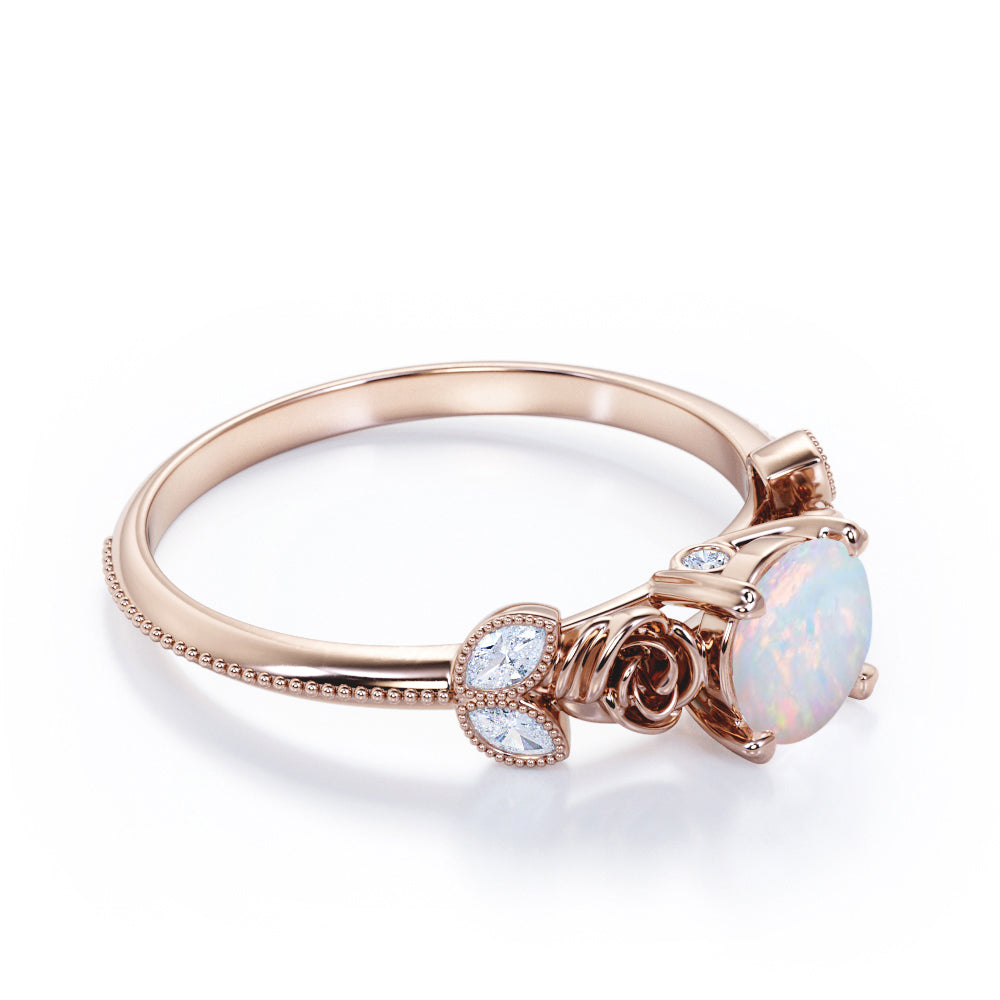 Flower inspired 1 carat Round cut Opal and marquise diamond Milgrain Edge Engagement ring in Black gold