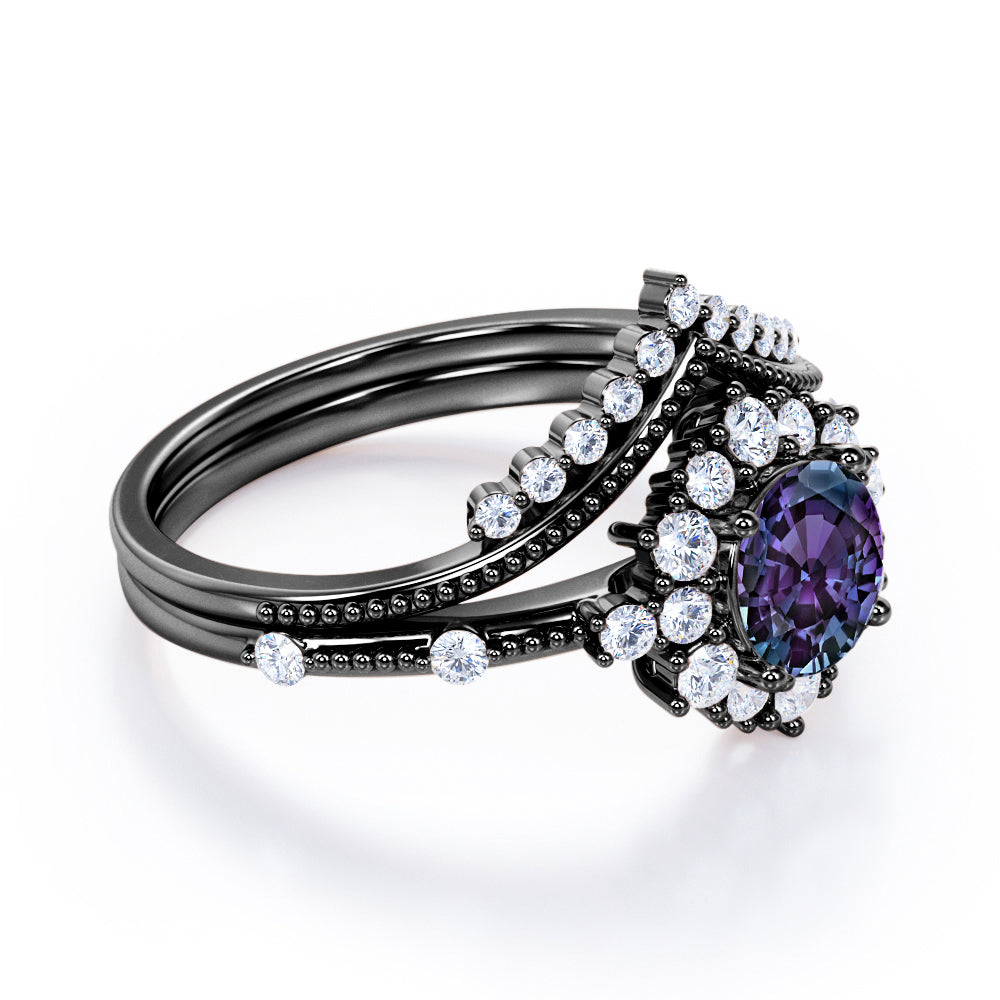 Cluster Chevron 1.5 carat Round cut Lab created Alexandrite and diamond engraved wedding ring set in White gold