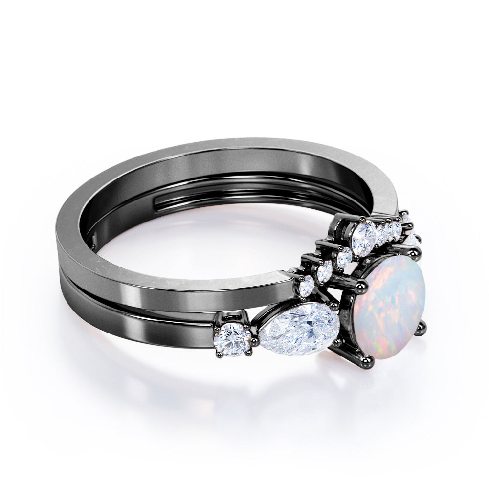Tiara style 1.4 carat Round cut Opal and diamond beveled shank ring in White gold- Engagement ring for women