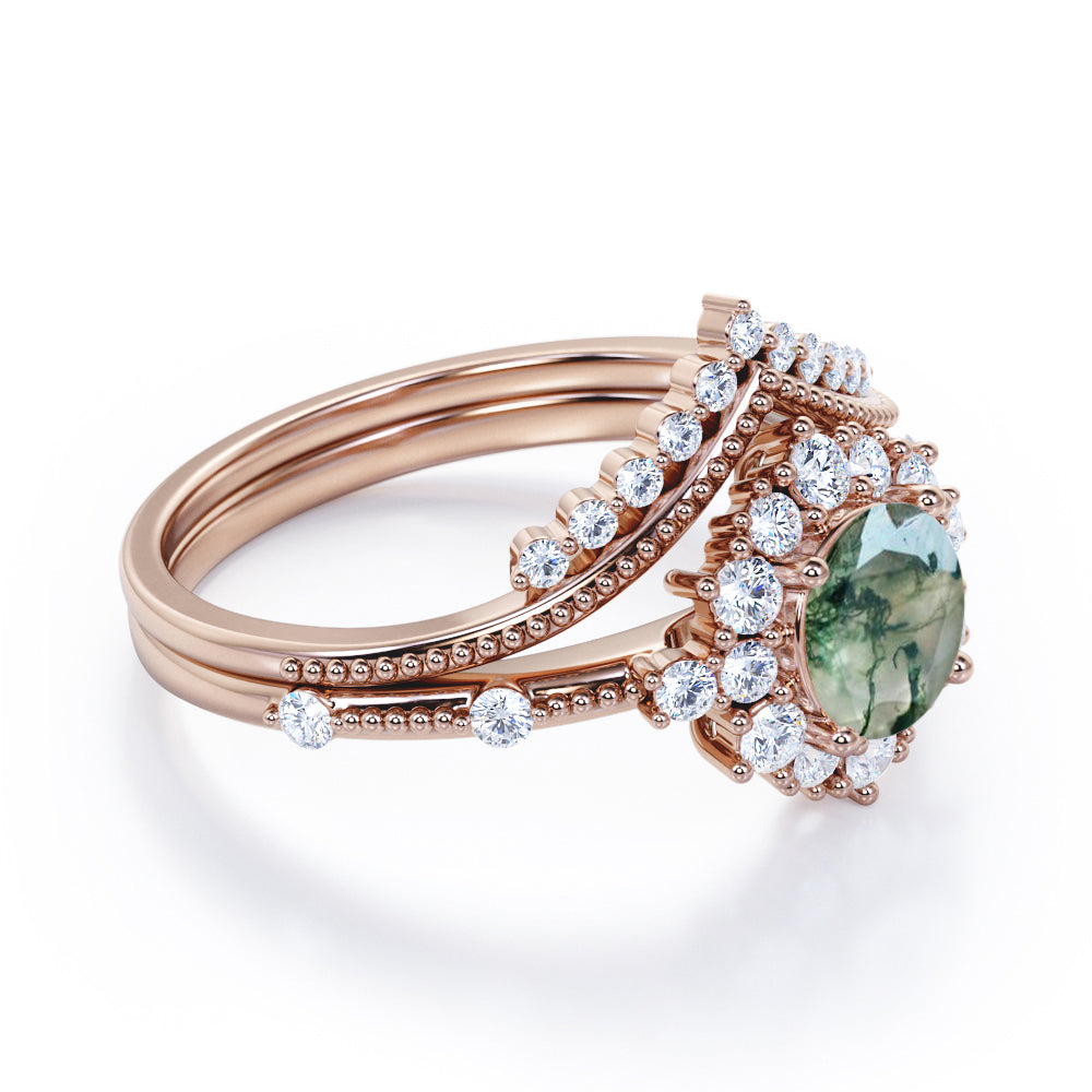 Contoured Cluster 1.45 carat Round cut Moss Green Agate and diamond milgrain art deco wedding ring set in White gold