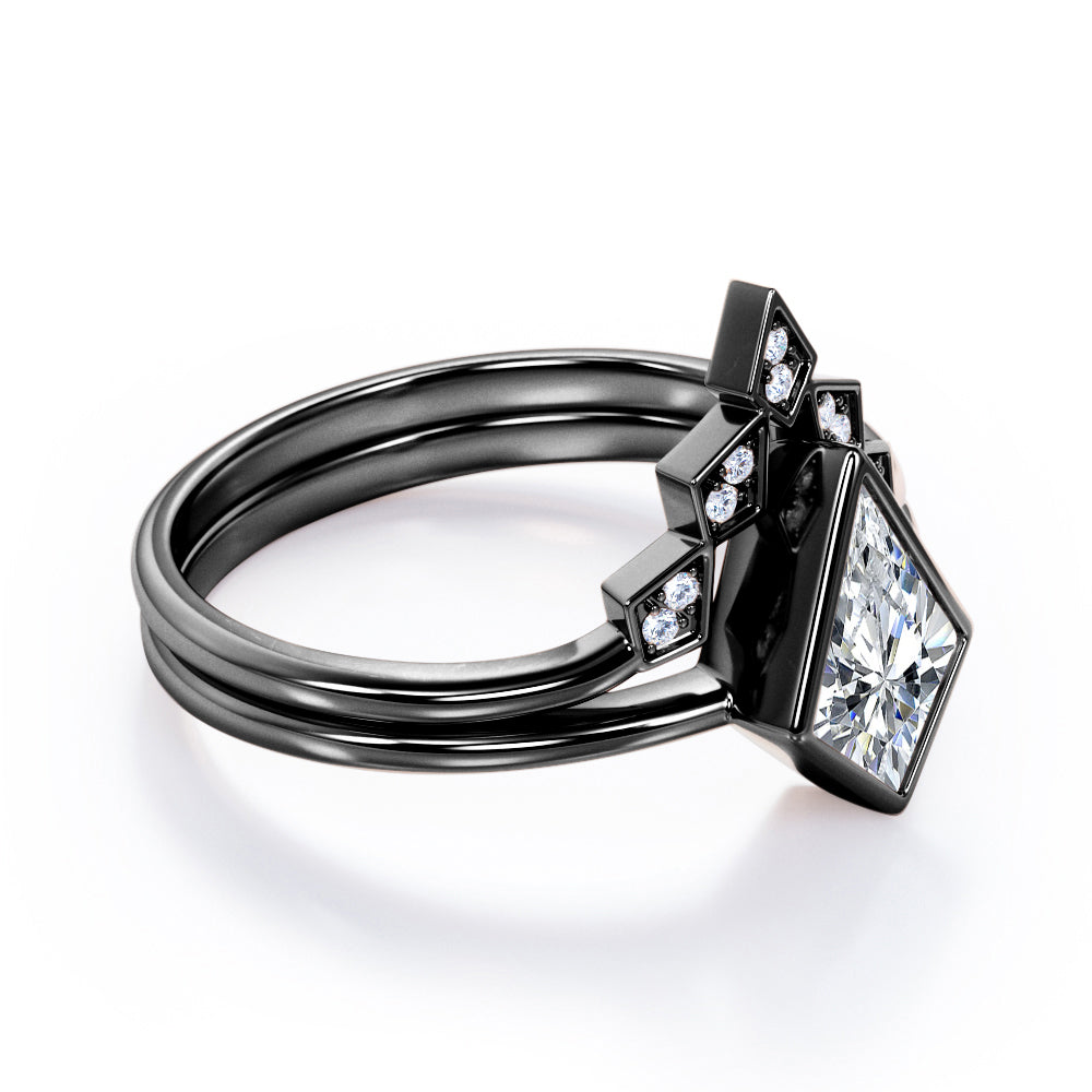 Kite Chevron 1.15 carat Moissanite and diamonds bezel wedding ring set for her in White gold