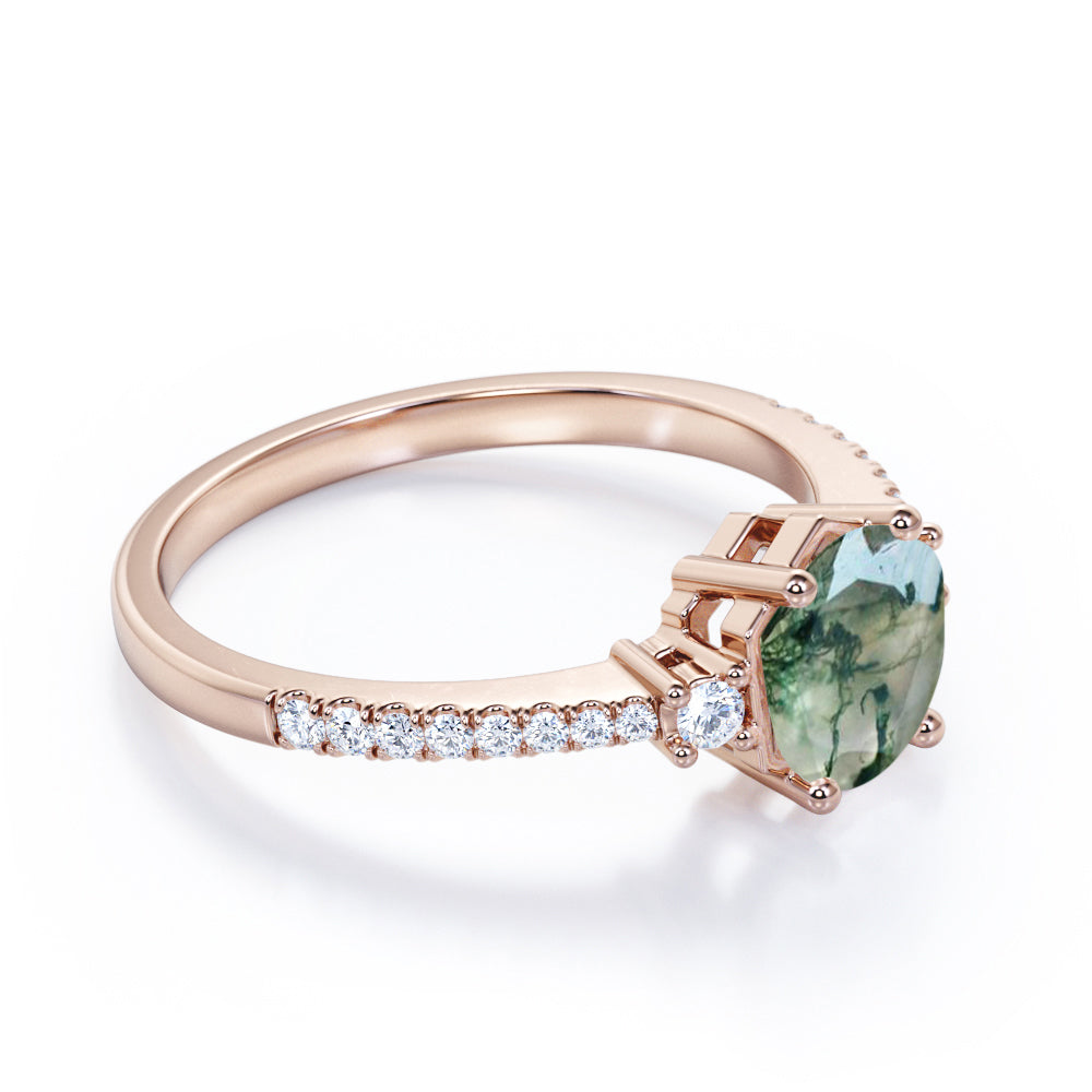 1.35 carat Round cut Moss Agate and diamond trinity pave engagement ring in Yellow gold