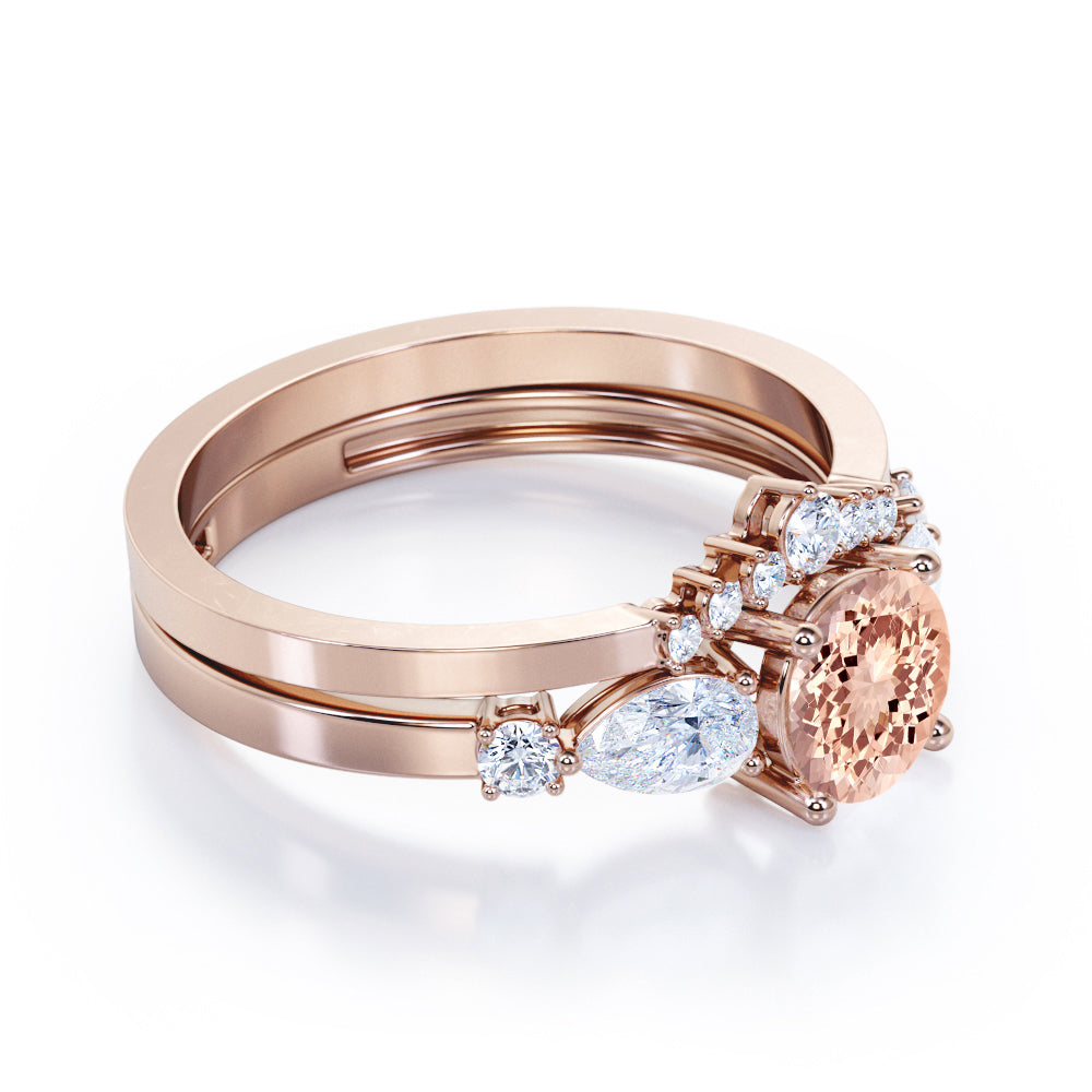Modern Crown 1.35 carat Round cut Peach pink Morganite and diamond wedding ring set for her in Black gold