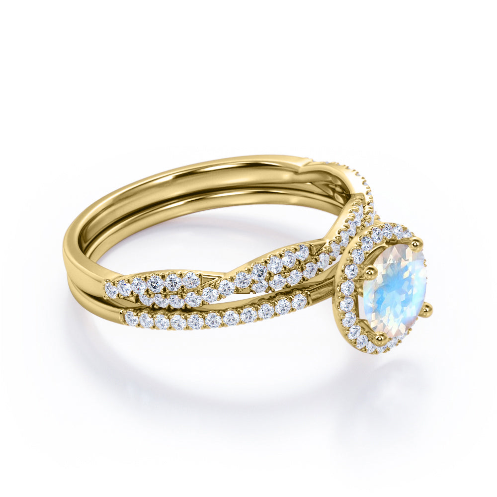Unique Halo 1.7 carat Round cut Moonstone and diamond Vintage art deco Bridal set for her