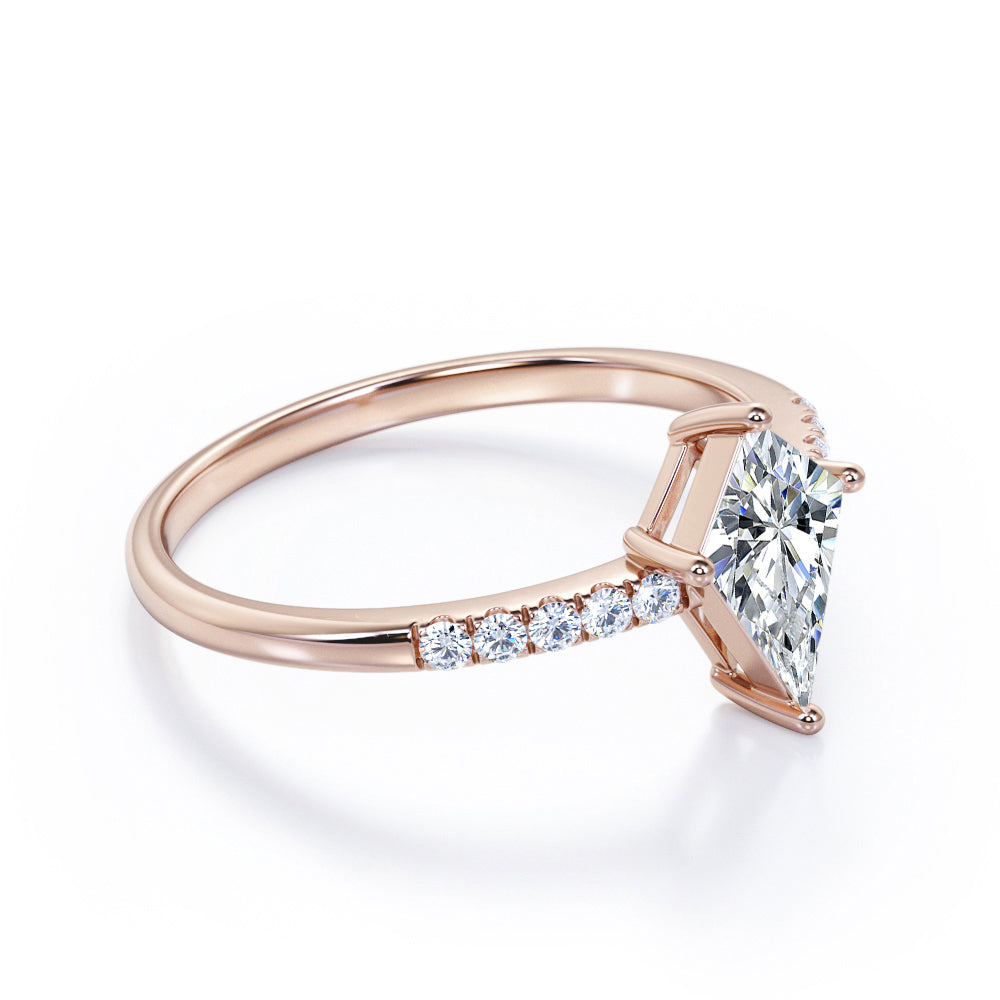 Pave style 1.1 carat Kite shaped Moissanite and diamond classic style engagement ring in white gold