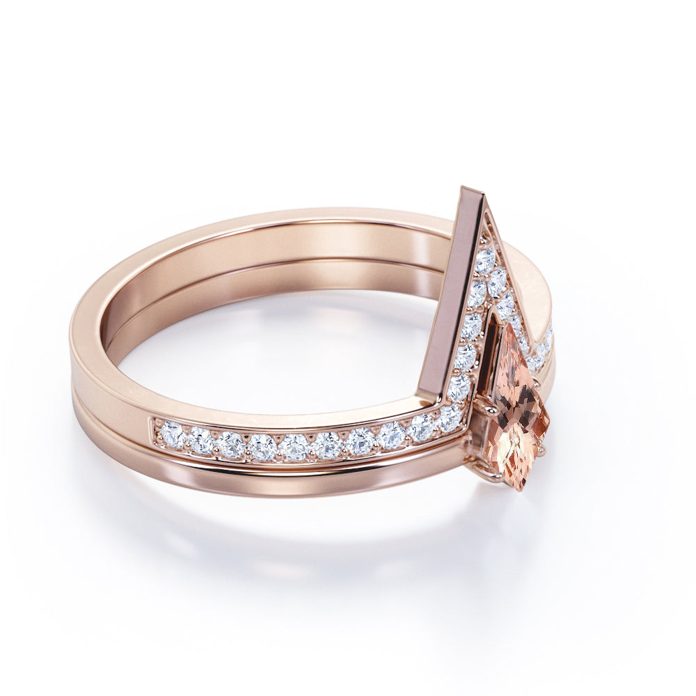 Modern Solitaire 1.25 carat Kite shaped Pink Morganite and diamond 4 prong wedding ring set in White gold
