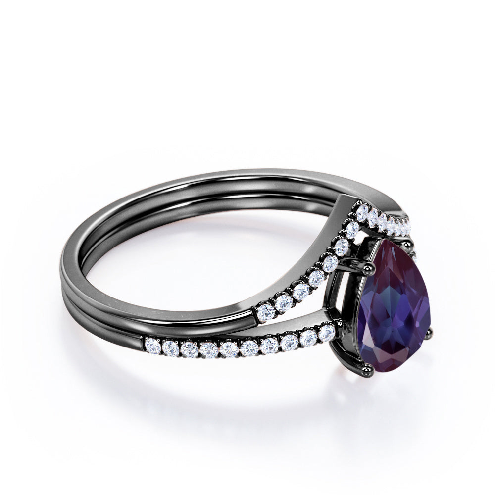 Simple Chevron 1.35 carat Pear shaped Lab created Alexandrite and diamond pave set wedding ring set in Black gold