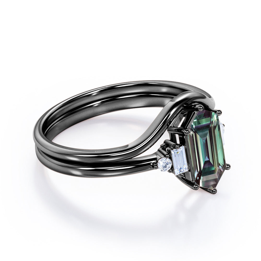 Artistic Prong 1.1 carat Hexagon shaped Alexandrite and diamond plain contoured bridal set in Rose gold