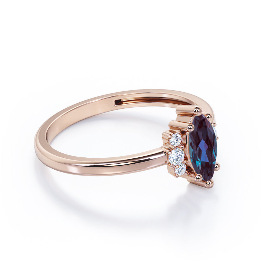 Unique 1.1 carat Marquise shaped Synthetic Alexandrite and diamond floral engagement ring in Black gold