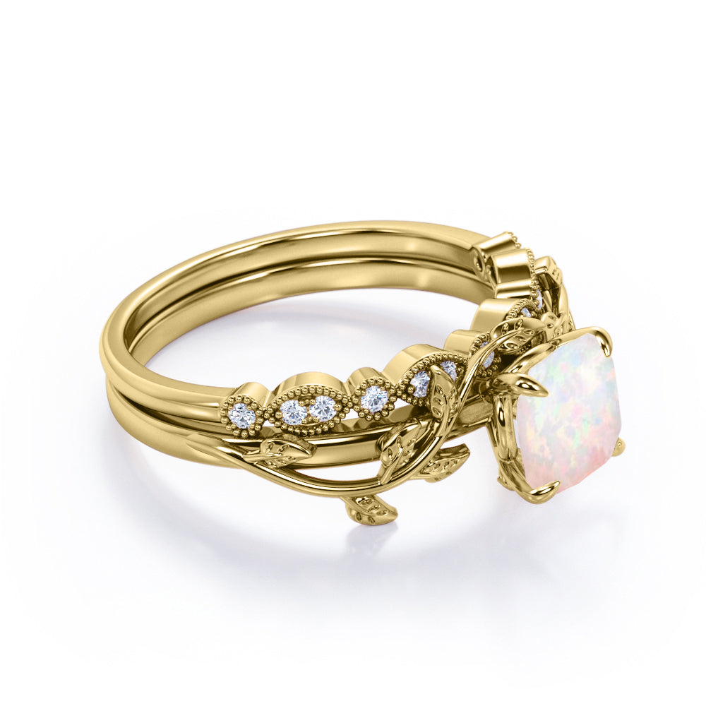 Branch-leaf inspired 1.15 carat Cushion cut Fire Opal and diamond Milgrain Wedding ring set in gold
