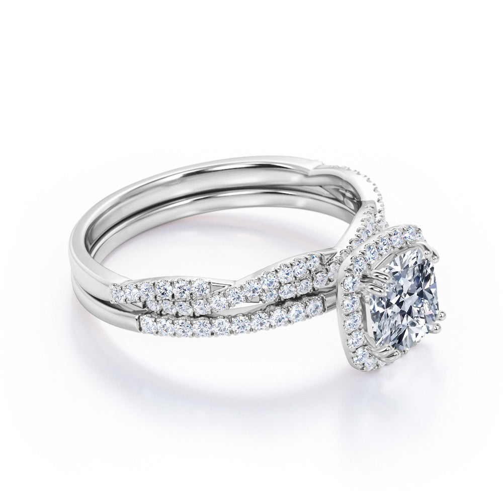 Elegant 1.65 carat Cushion cut Moissanite and diamond art deco wedding ring set for women in gold