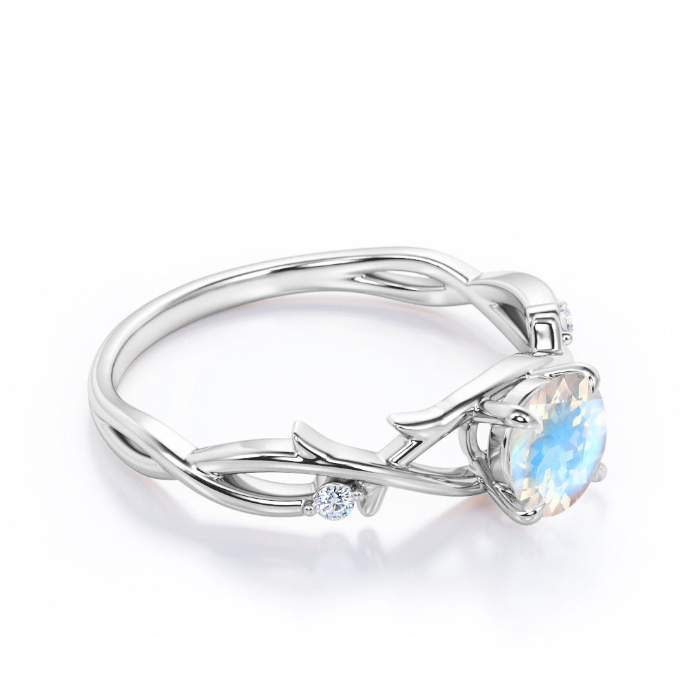 Dainty Branchlet 1.1 carat Round cut Blue Moonstone and diamond nature inspired engagement ring in Black gold