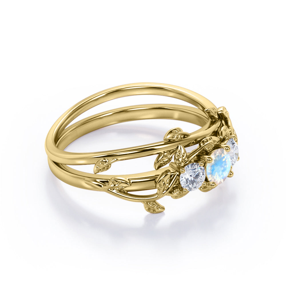 Nature inspired Round cut 0.65 carat Moonstone and diamond Trio stone Bridal ring set for women in gold