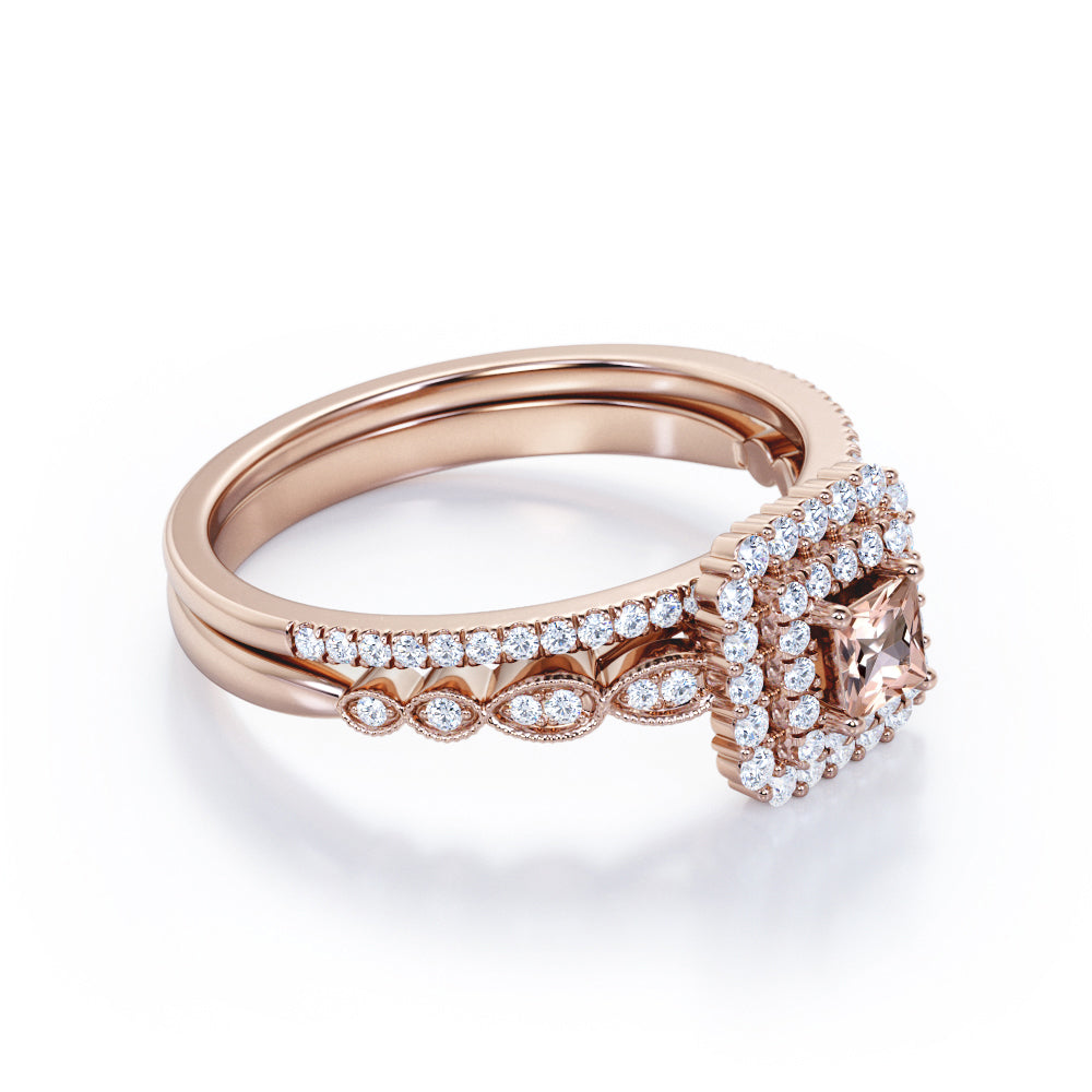 Intricate Double Halo 1.5 carat Princess cut Morganite and diamond Milgrain pave engagement ring set for women in yellow gold