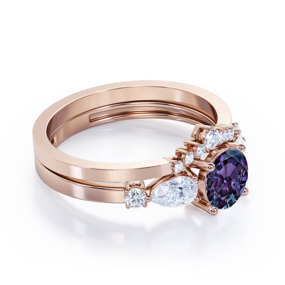 Modern Chevron 0.75 carat Round cut Lab created Alexandrite and diamond crown inspired wedding ring set in White gold
