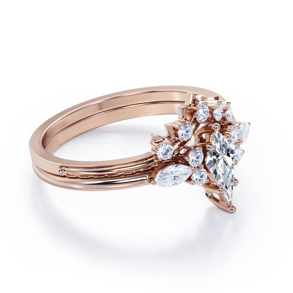 Vintage Royal inspired 1.35 carat Kite shaped Moissanite and diamond art deco wedding ring set in White gold