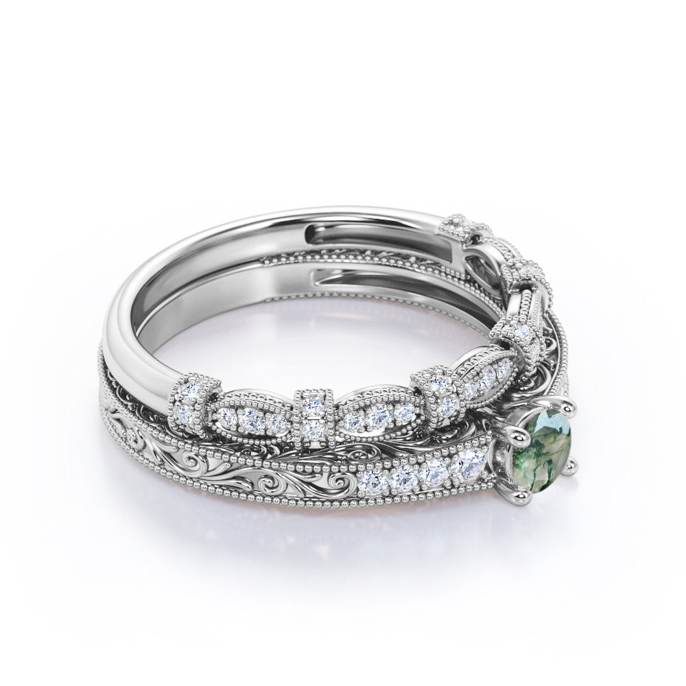 Exquisite Art Deco 0.9 carat Round cut Moss Green Agate and diamond Edwardian filigree Bridal set in Rose gold