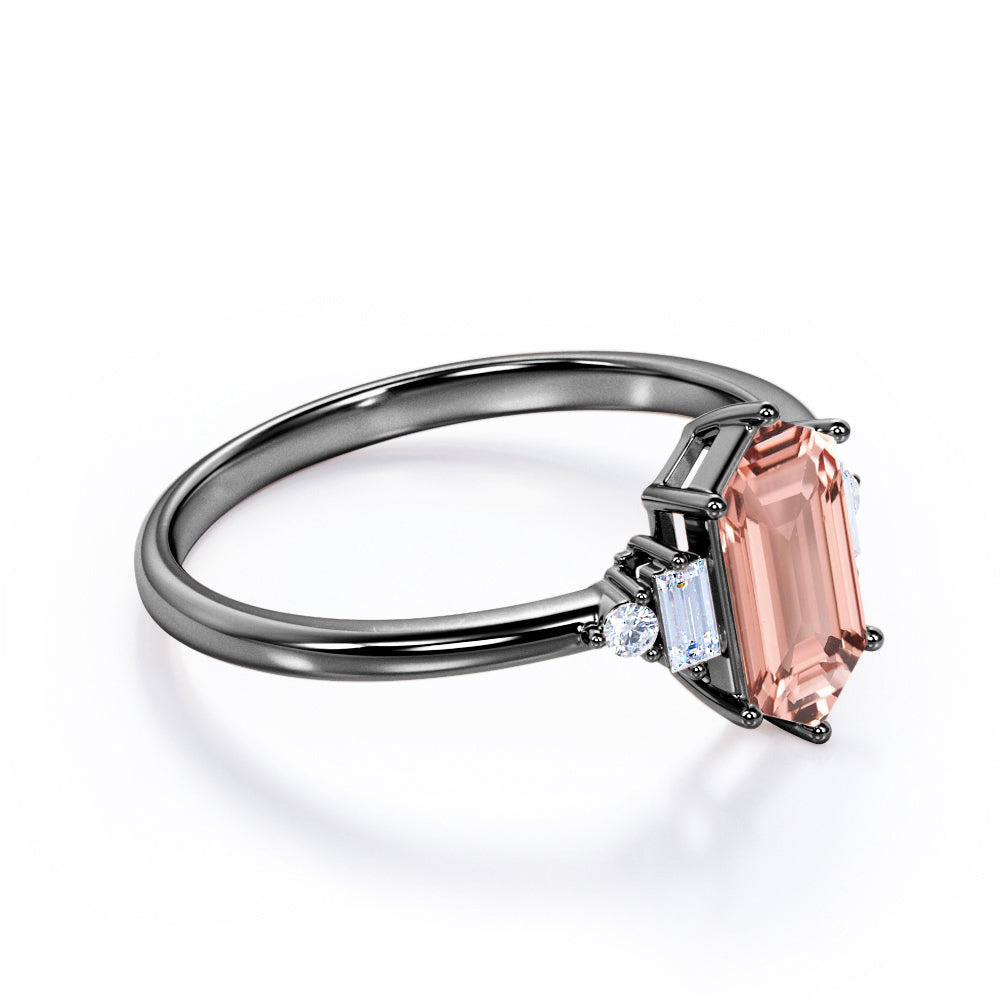 Lovely 5 stones 1.1 carat Hexagon Shaped Morganite and diamond tapered shank engagement ring in White gold