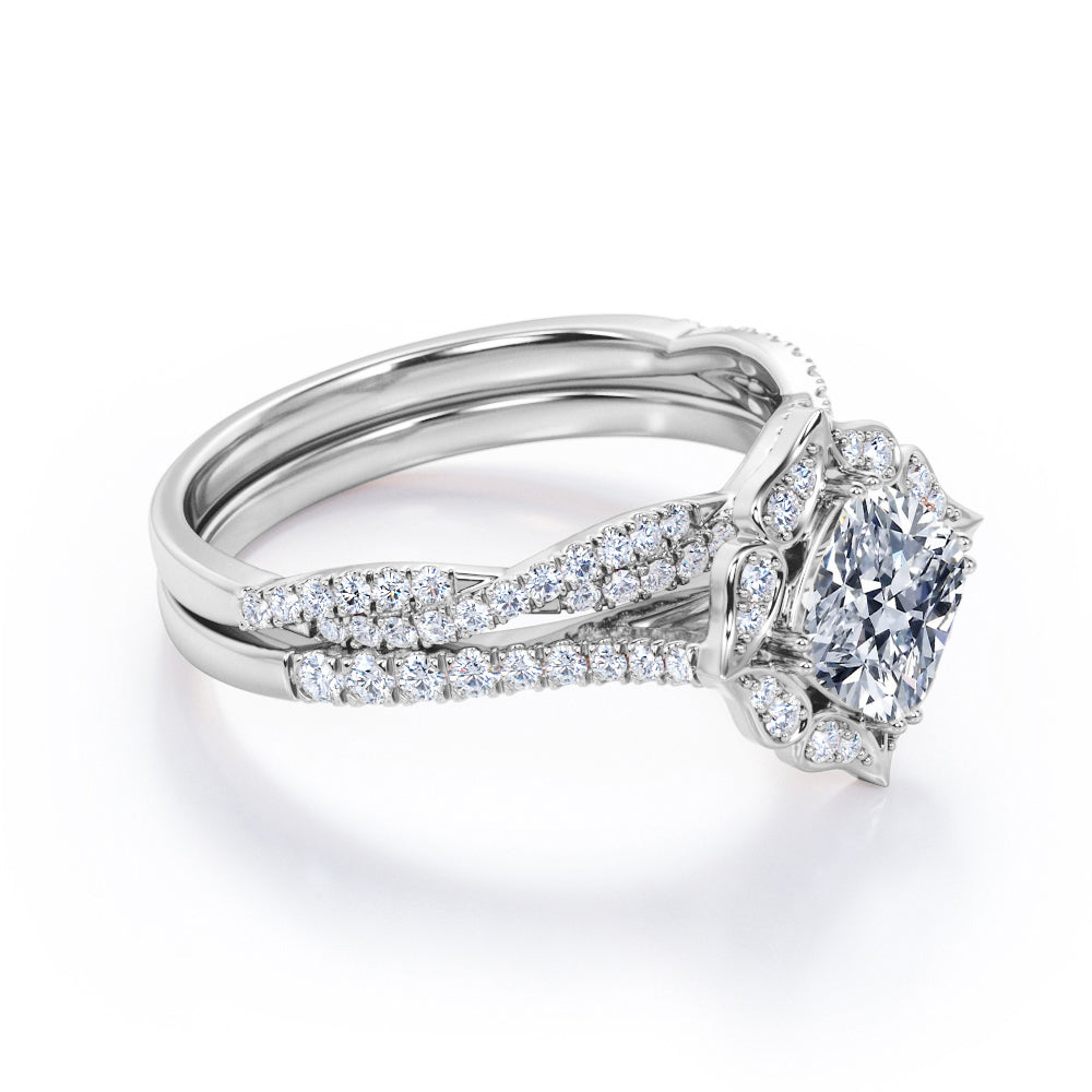 Cluster halo 1.6 carat Cushion cut moissanite and diamond pave wedding ring set in Whit gold