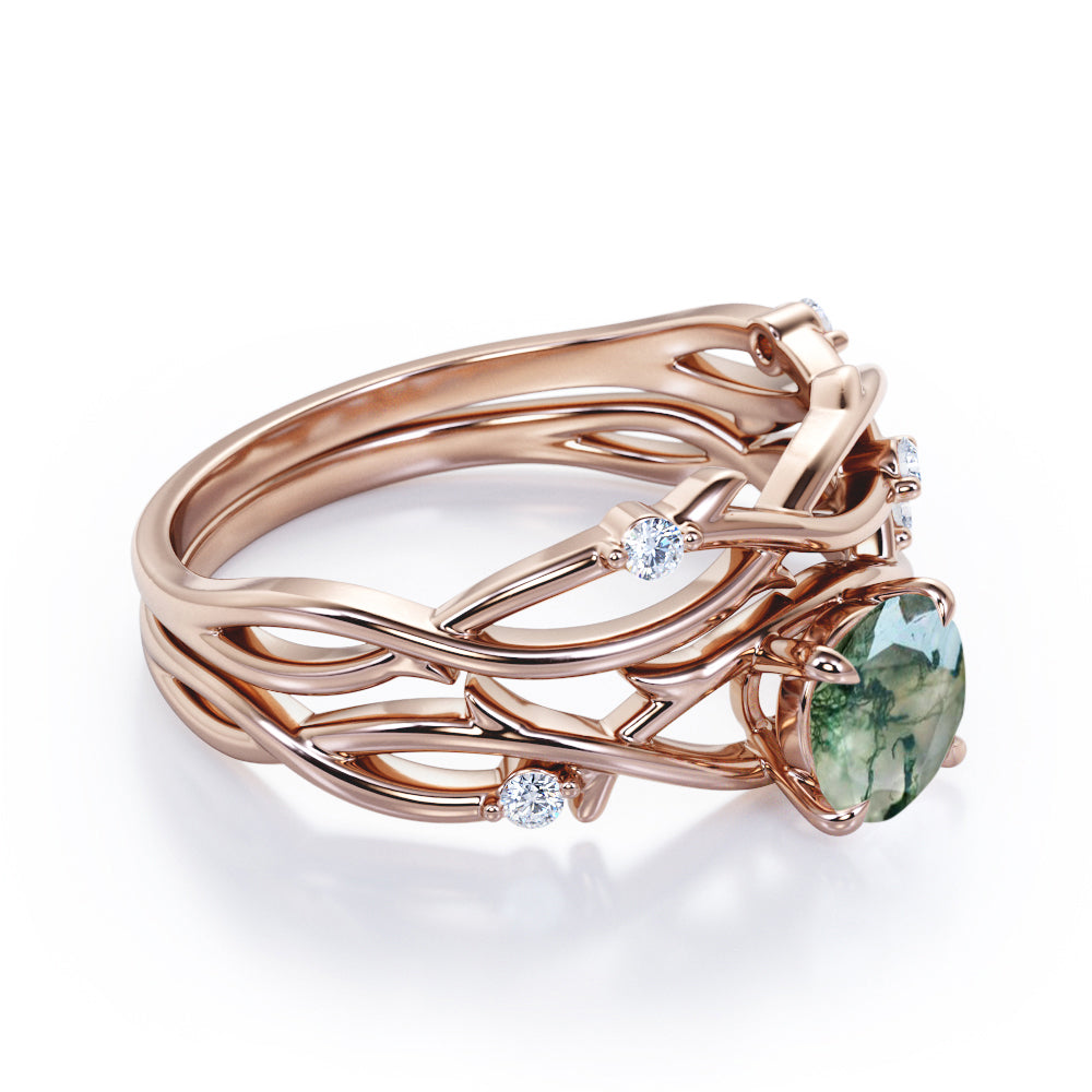 Dainty twig Branch 1.1 carat Round cut Moss Green Agate and diamond floral style wedding ring set in Black gold