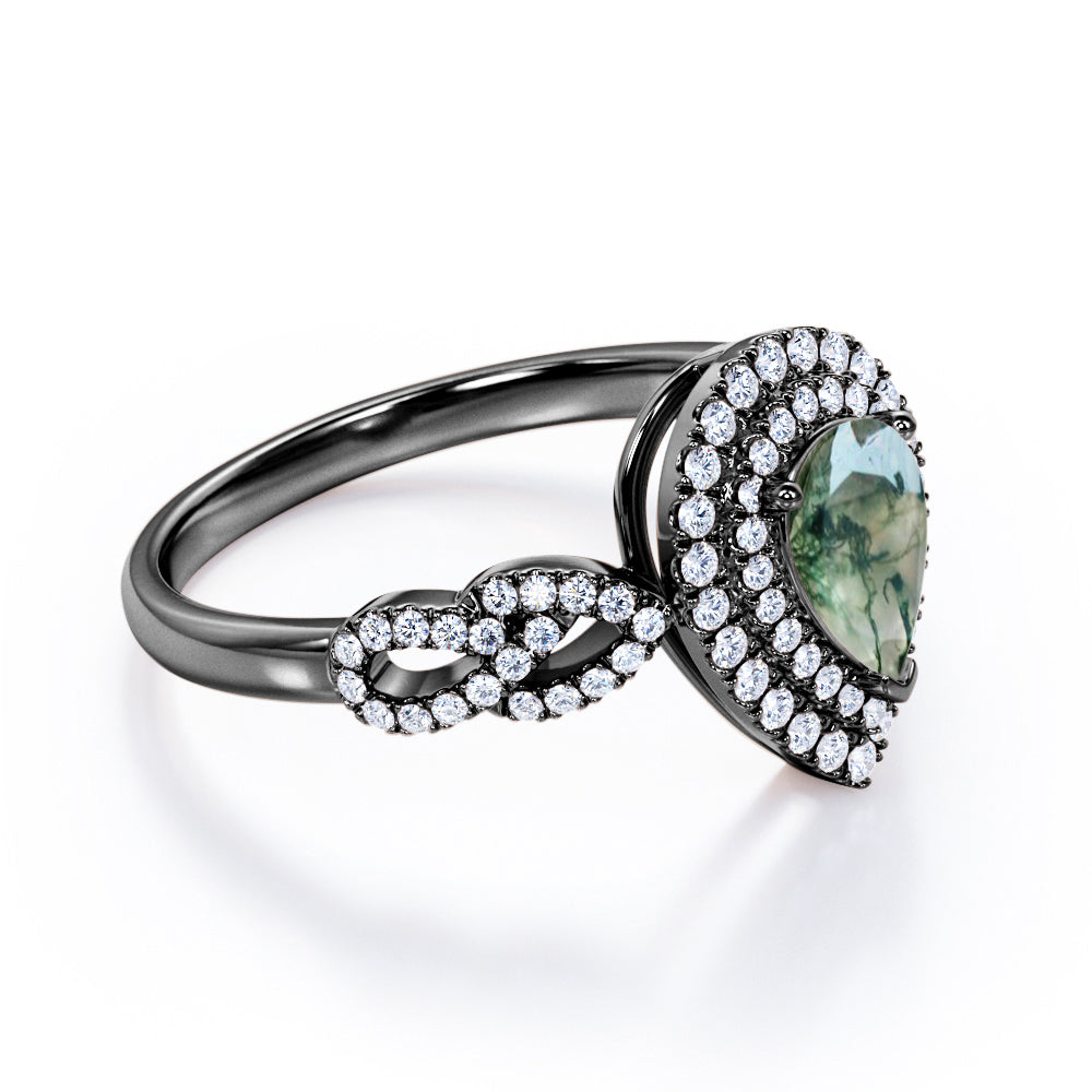 Floral infinity 1.7 carat Pear cut Moss Green Agate and diamond double halo engagement ring in White gold