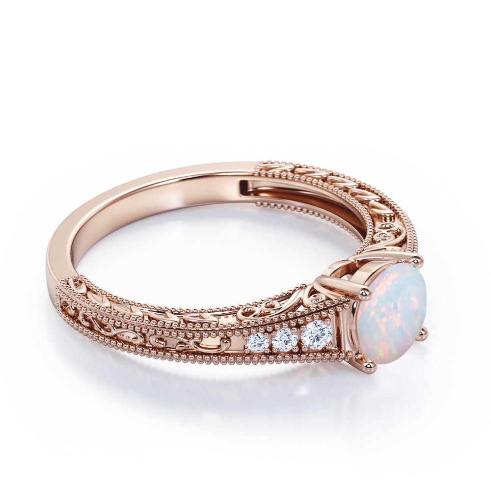 Victorian style inspired 1 carat Round cut Opal and diamond-filigree and milgrain-art deco engagement ring in White gold