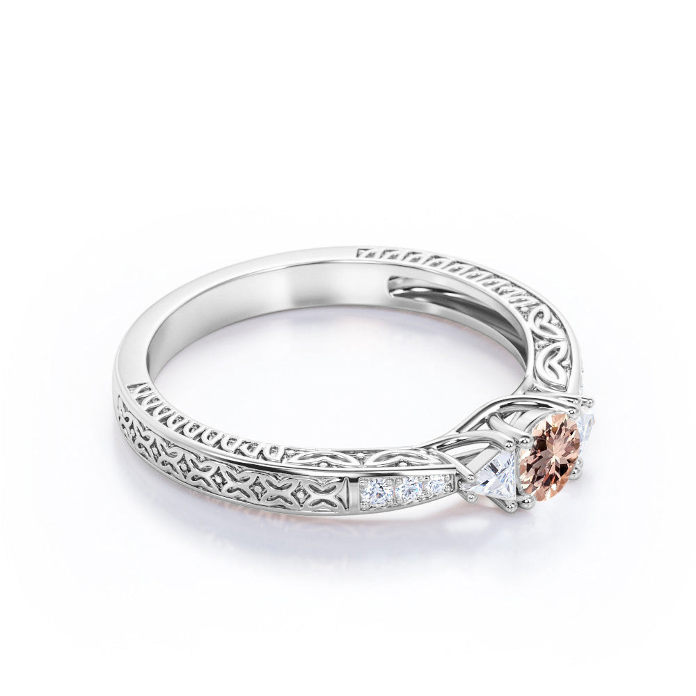 Trillion 0.75 carat Round cut Peach Morganite and diamond vintage baguette engagement ring in Yellow gold