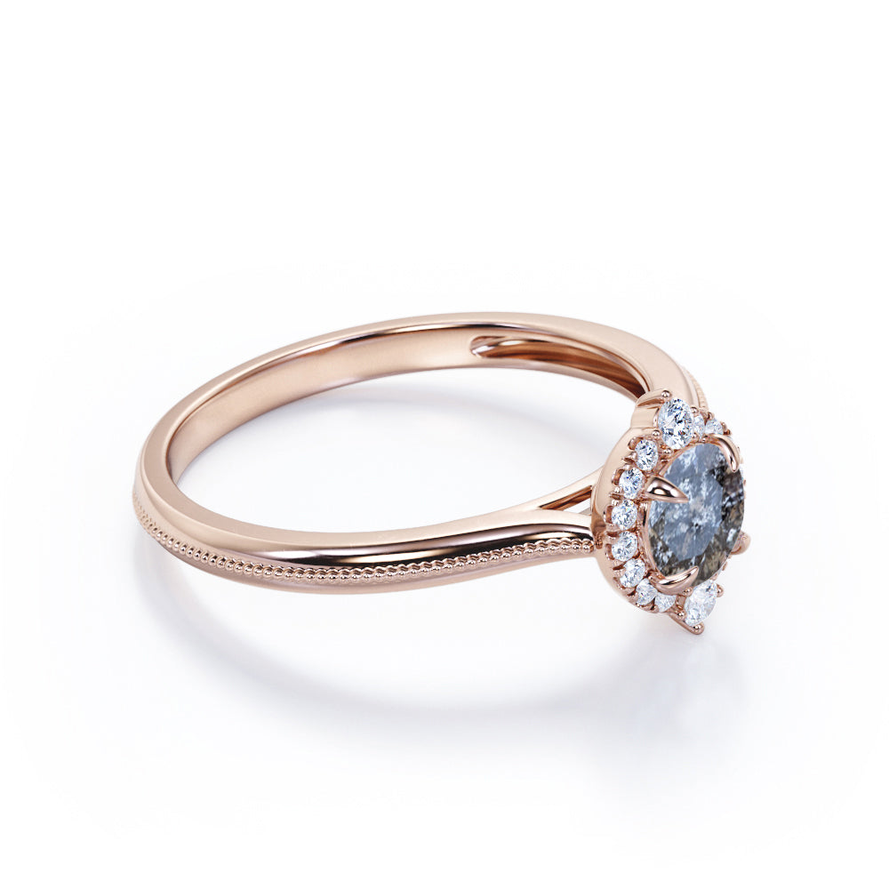 Milgrain Edge 0.55 carat round cut salt and pepper diamond and White diamond artistic halo wedding ring set in White gold
