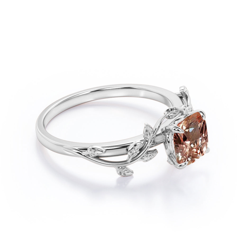 Olive leaf inspired 1 carat Cushion cut Peach pink Morganite vine engagement ring in White gold